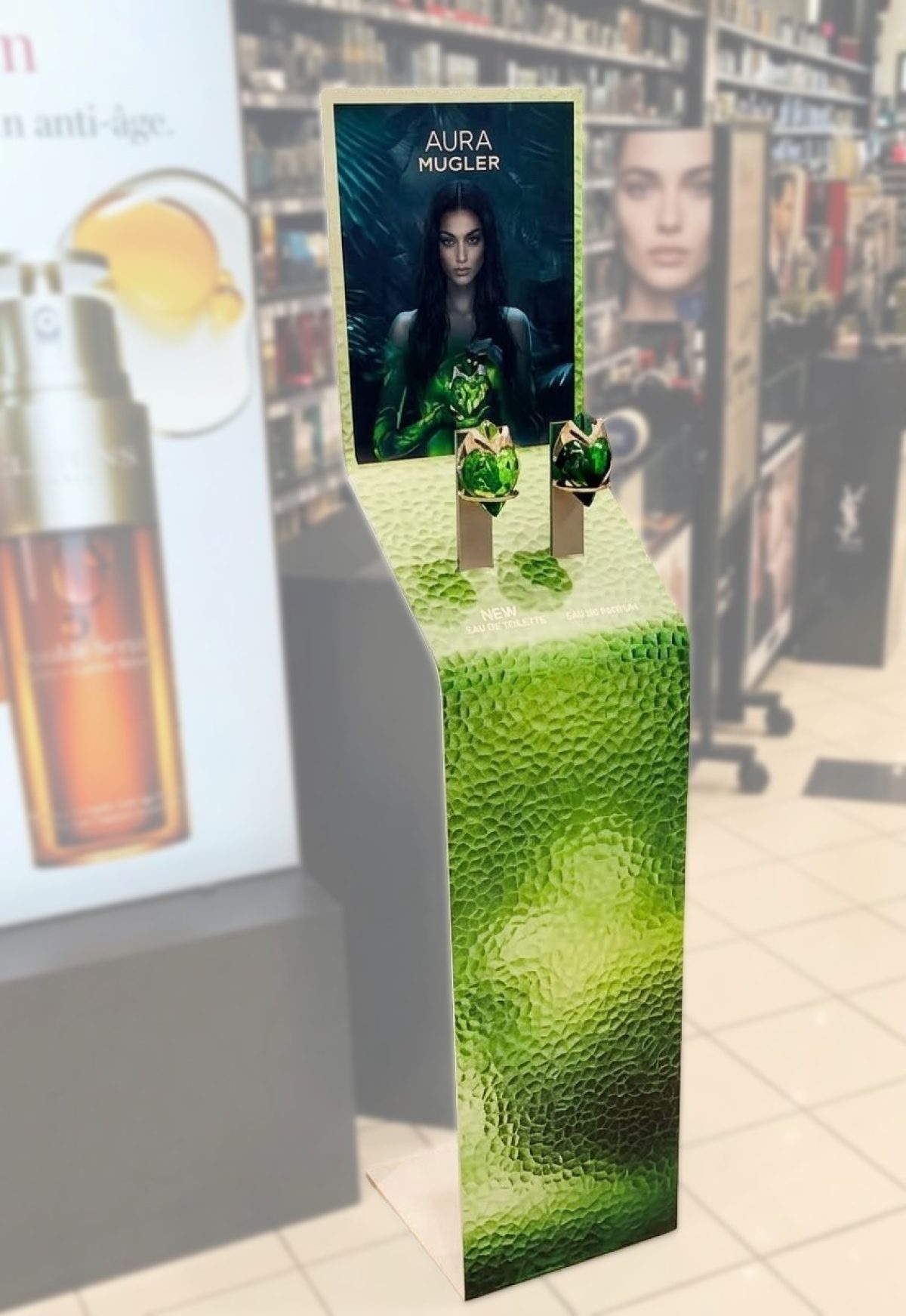 Présentoir de sol Clarins (Aura Mugler)